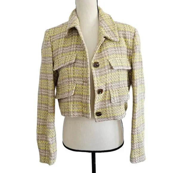 Zara Beige & Yellow Plaid Textured Cropped Lapel Collar Blazer Size Large - Picture 7 of 8